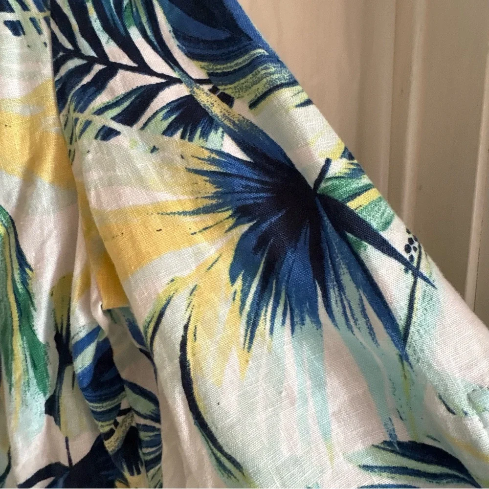 Chico’s Tropical Garden Linen Open Drape Front Jacket Women’s Sz Medium Blue